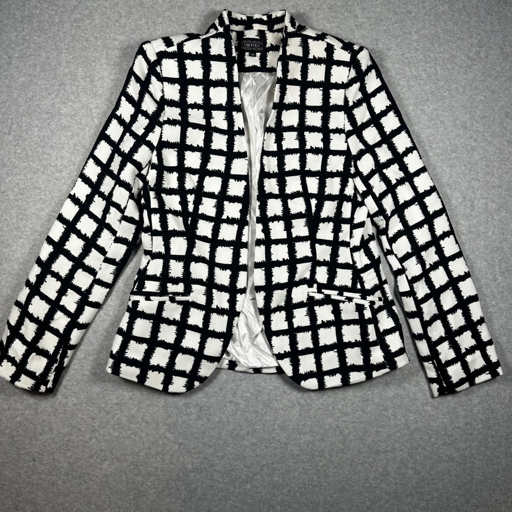 Countess Womens Black White Grid Pattern Open Front Blazer Jacket Size M